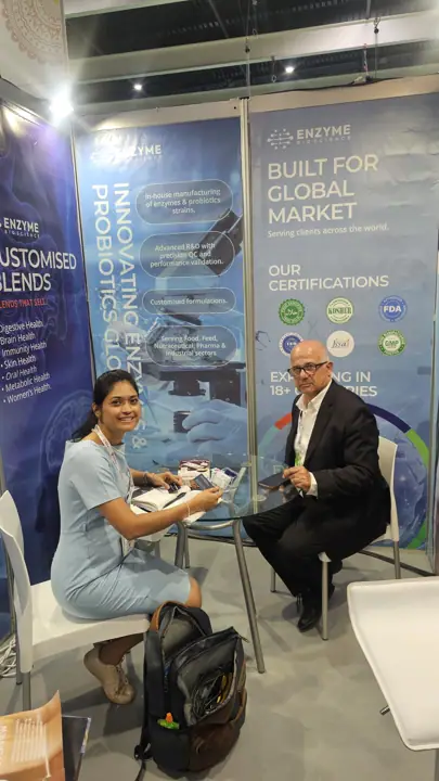 Meeting a buyer at our stand, Vitafoods Europe 2026